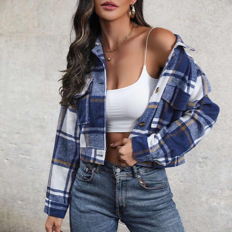 Damen cropped Karo-Jacke mit praktischen Taschen und modischen Details Drune