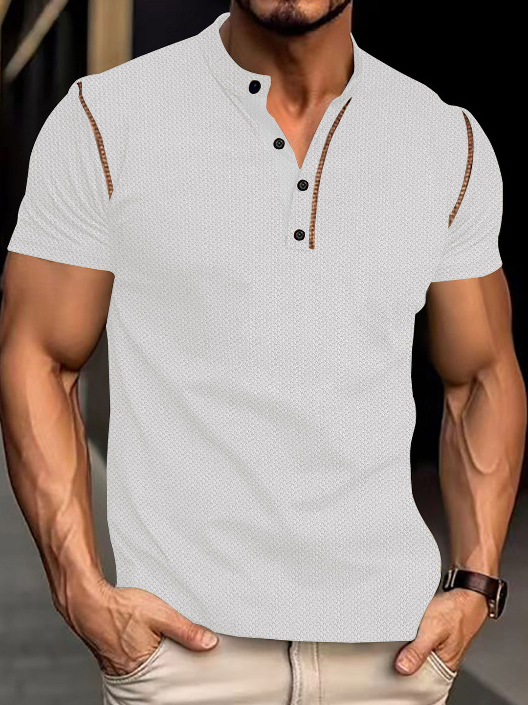 Herren nan tailliertes Struktur-Poloshirt mit Stehkragen und Zierpaspel Drune