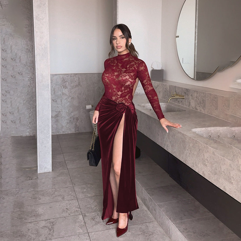 Damen Elegantes Spitzen- und Samt-Abendkleid mit hohem Schlitz und dekorativem Gürtel Drune