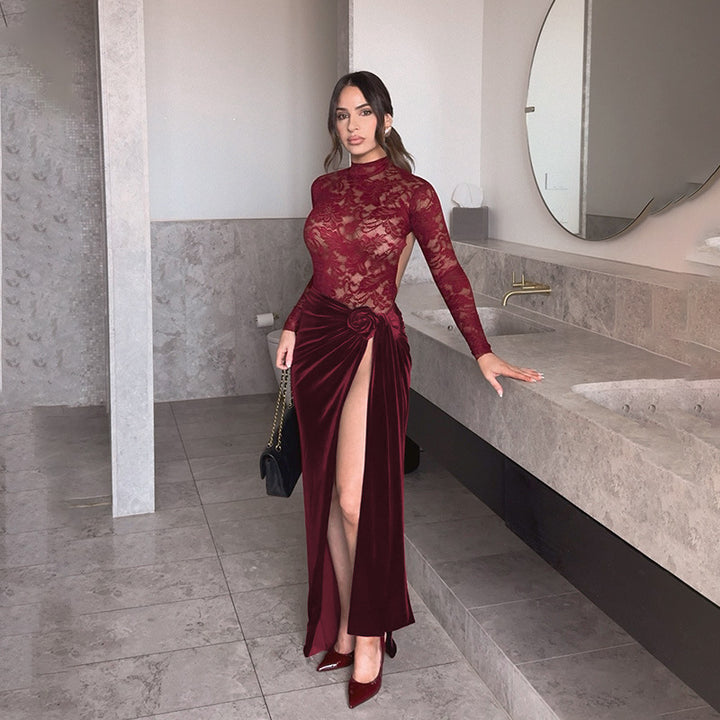 Damen Elegantes Spitzen- und Samt-Abendkleid mit hohem Schlitz und dekorativem Gürtel Drune