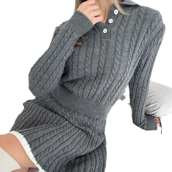 Damen nan Kabelstrick-Set mit Polo-Kragen und ausgestelltem A-Linien-Rock Drune