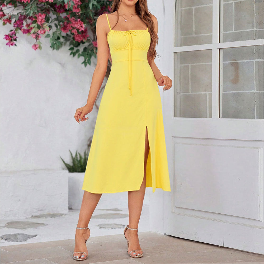 Damen Maxikleid mit verstellbaren Spaghettiträgern und raffiniertem Taillenzug Drune