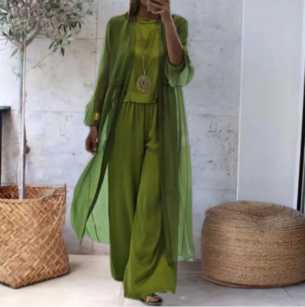 Damen nan eleganter Chiffon-Zweiteiler mit weiter geschnittener Palazzohose und langem Kimono-Überwurf Drune