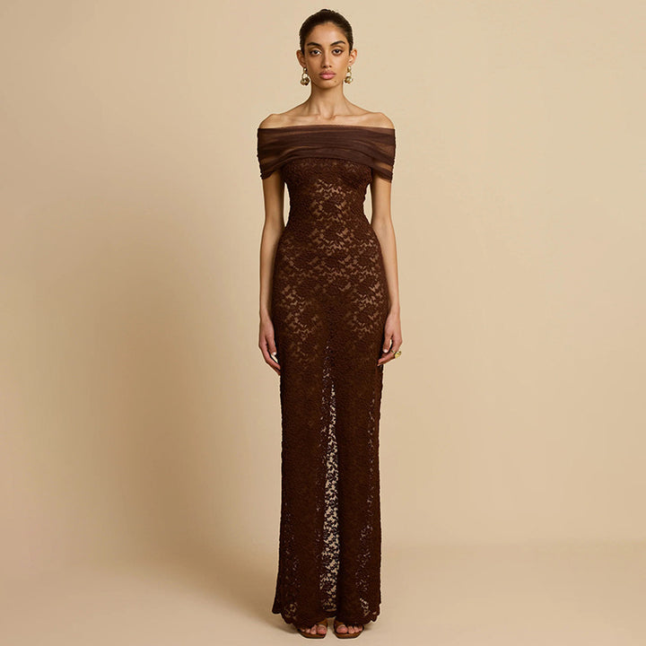 Damen Spitzen-Maxikleid mit schulterfreiem Design und elegantem Drapierungseffekt Drune