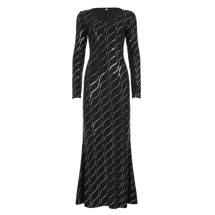 Damen nan langärmeliges Bodycon-Mermaid-Abendkleid mit Wellen-Strassbesatz Drune
