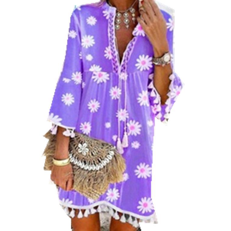 Damen Strandkleid mit floralen Motiven und Quastenverzierungen Drune