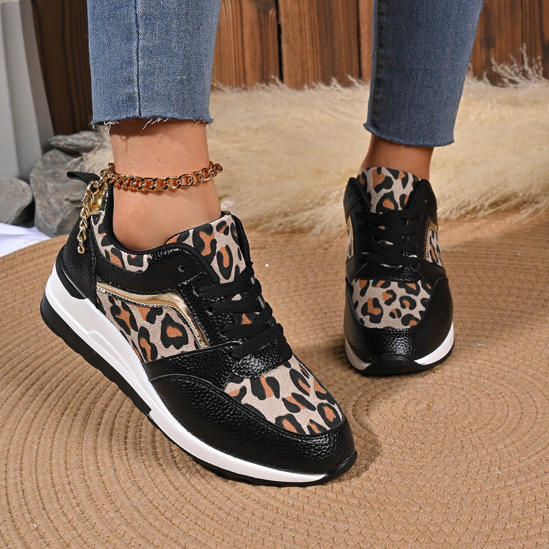 Damen nan stilvolle Plateau-Sneaker mit Leopardenmuster, gepolsterter Komfortinnensohle und glänzenden Einsätzen Drune