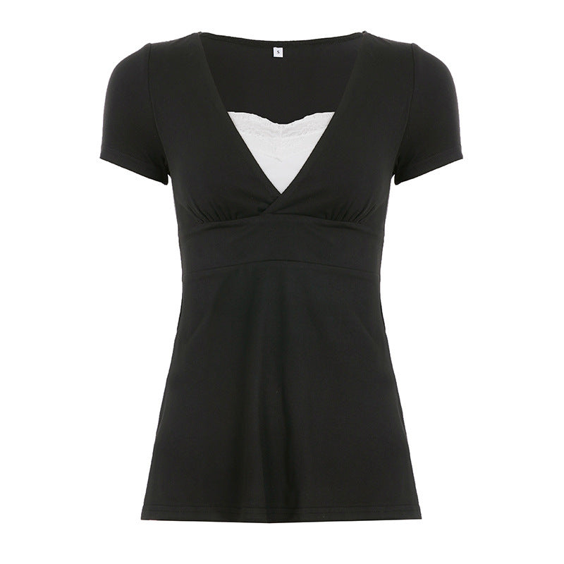 Damen V-Ausschnitt Shirt mit Rüschendetails und elastischem Bund Drune
