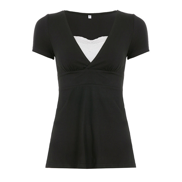 Damen V-Ausschnitt Shirt mit Rüschendetails und elastischem Bund Drune