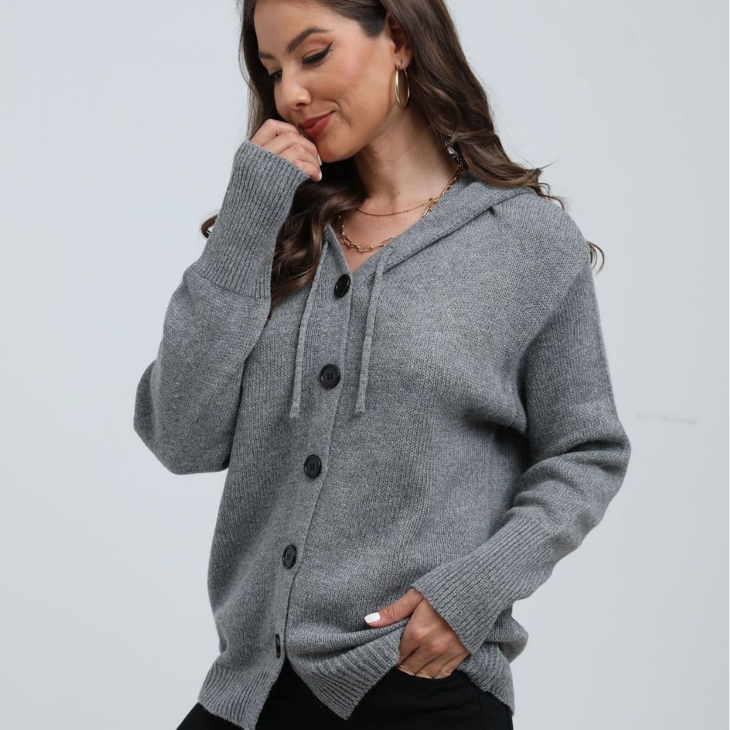 Damen gemütlicher Strickcardigan mit Kapuze und praktischen Knopfdetails Drune