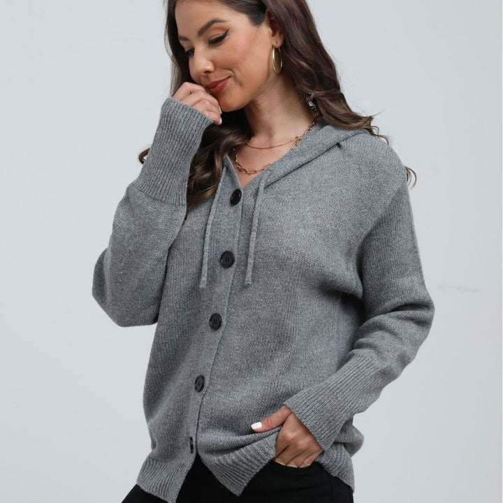 Damen Kapuzenstrickjacke mit Knopfverschluss und breitem Rippmuster Drune