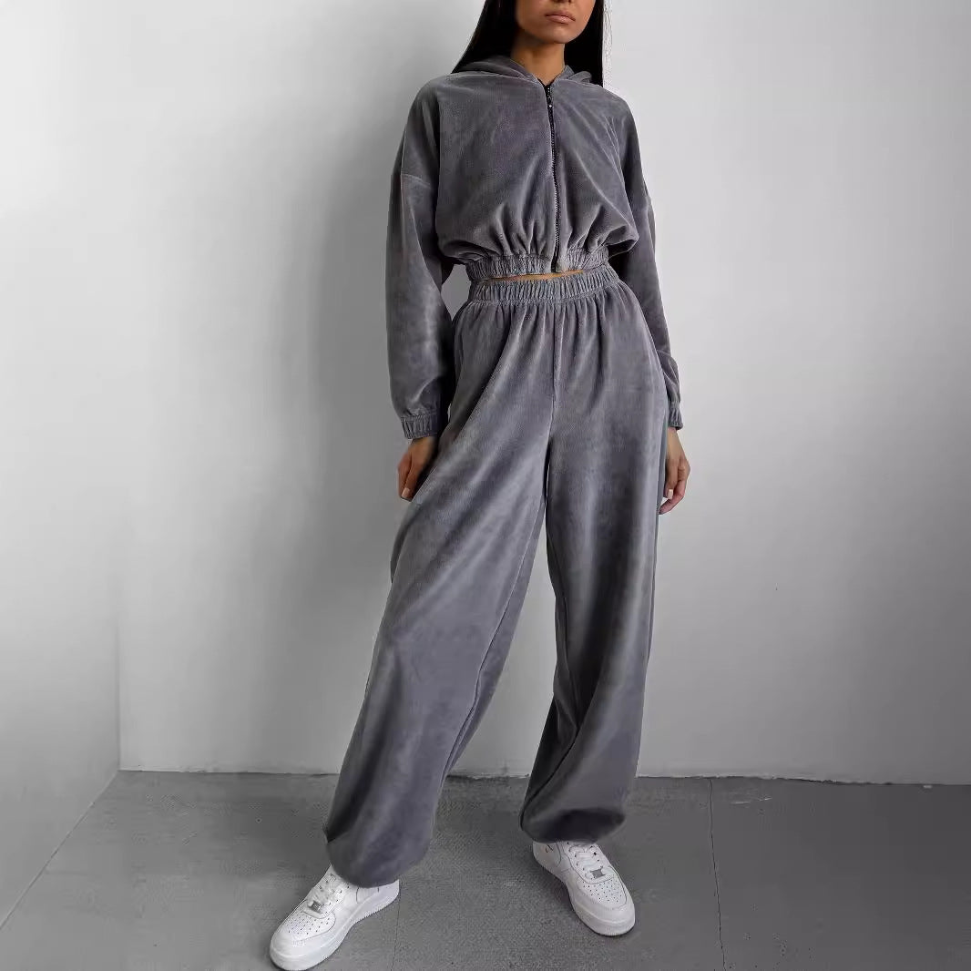 Damen nan Samt-Loungewear-Zweiteiler mit kurzem Frontzip, elastischem Komfortbund und weitem Hosenbein Drune
