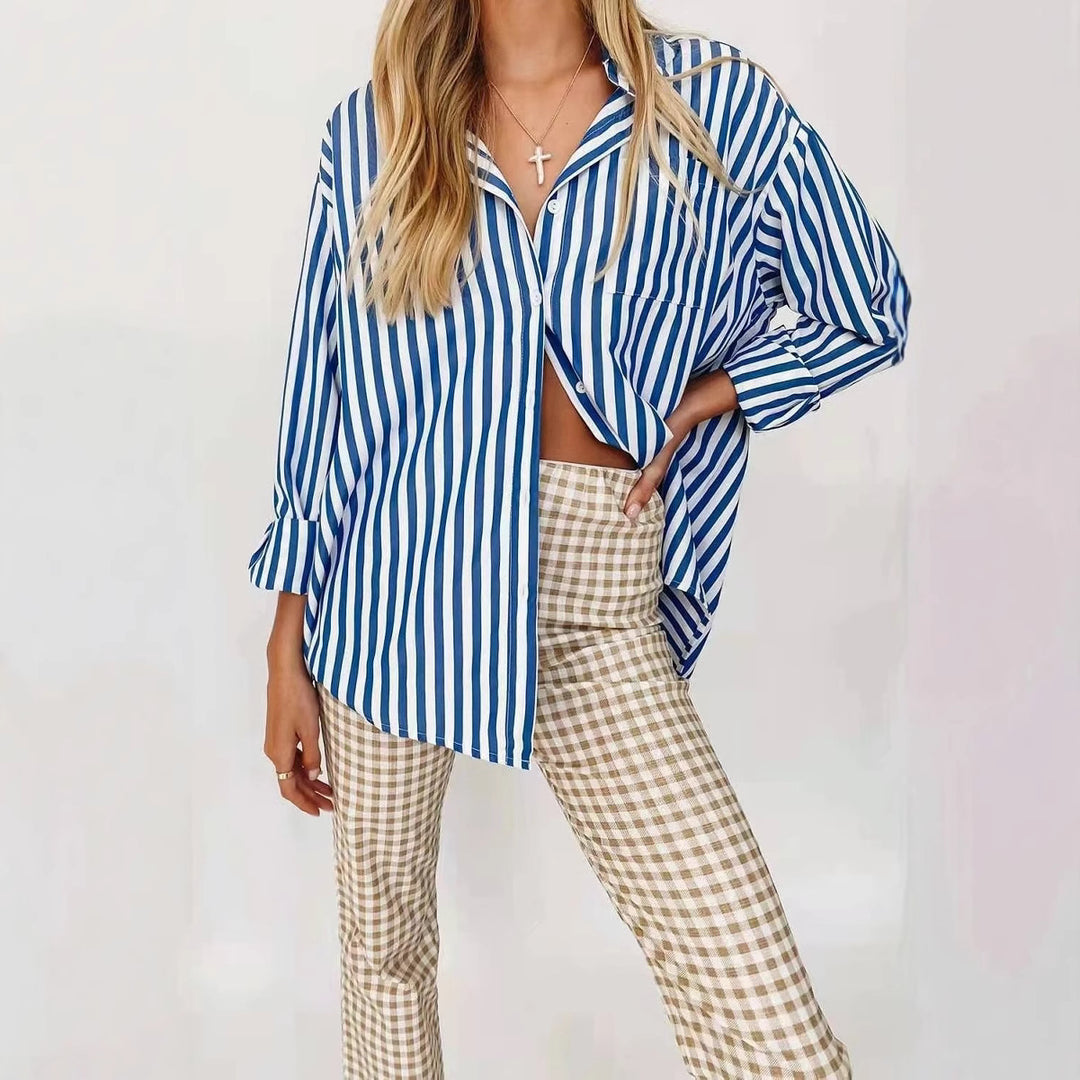 Damen Elegante Bluse mit feinem Streifenmuster und praktischem Brusttasche Drune