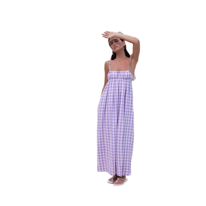 Damen Maxikleid mit Kariertem Muster und Elastischem Oberteil Drune