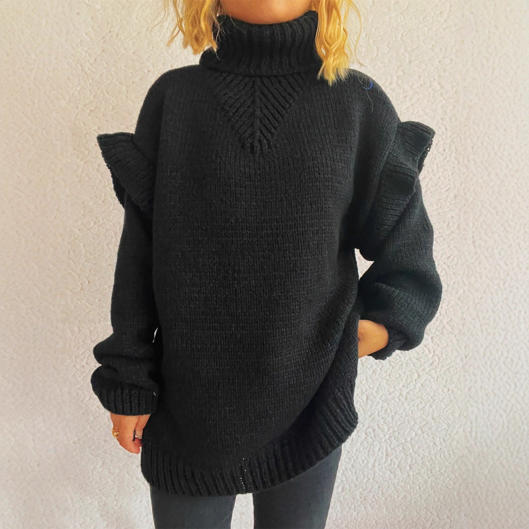 Damen kuscheliger Strickpullover mit Rüschenärmeln und hohem Kragen Drune