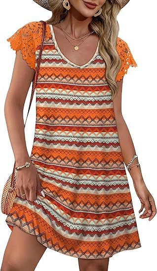 Damen Sommerkleid mit eleganten Spitzenärmeln und floralem Muster Drune