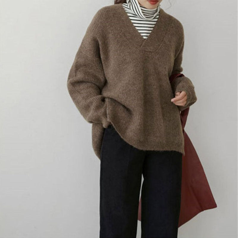 Damen V-Ausschnitt Grobstrickpullover Drune