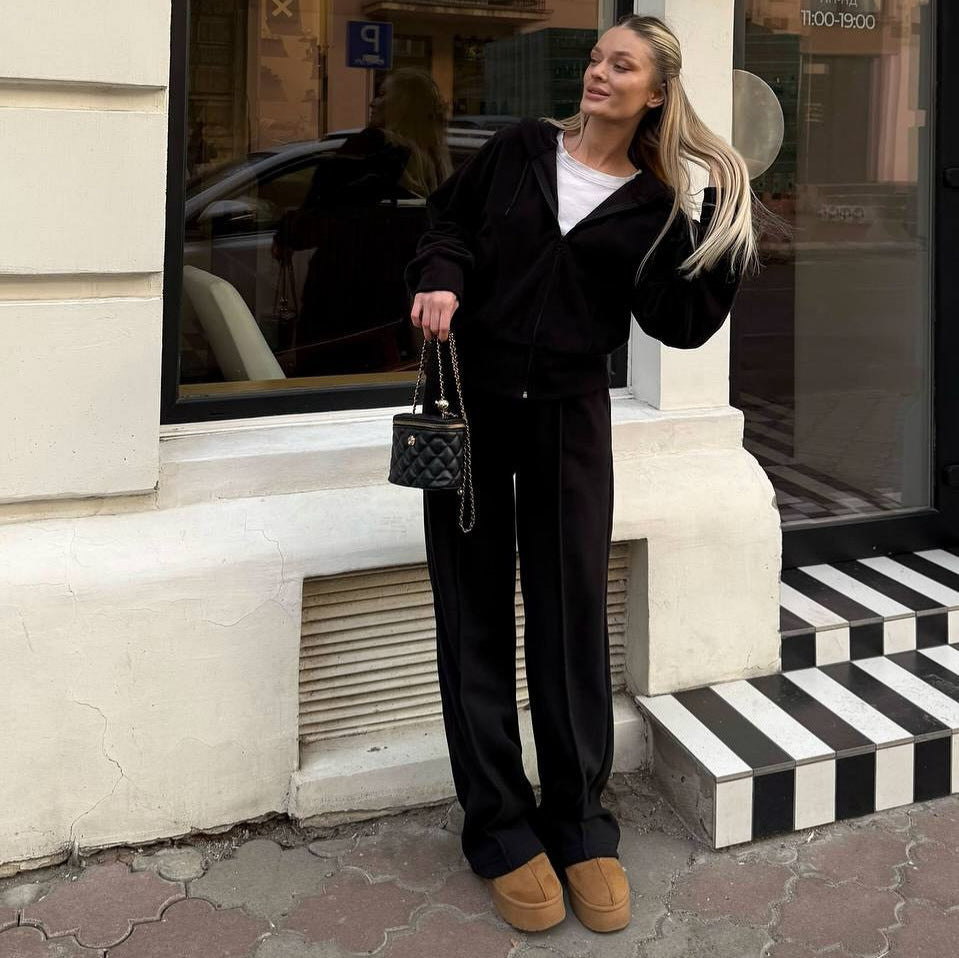 Damen Fleece Freizeitanzug mit stylischer Kapuze und elastischem Bund Drune