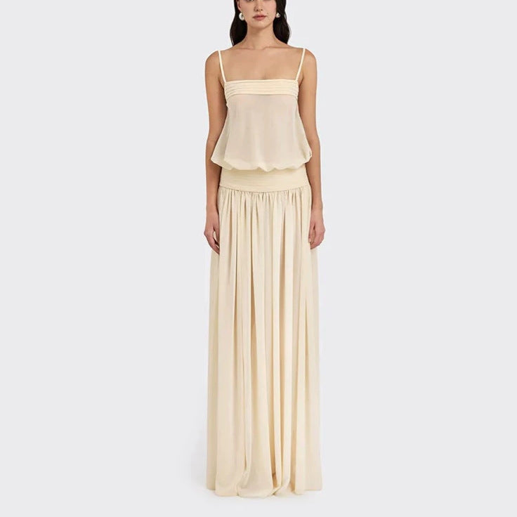 Damen Maxi-Kleid mit fließendem Chiffon-Oberteil und elastischem Bund Drune