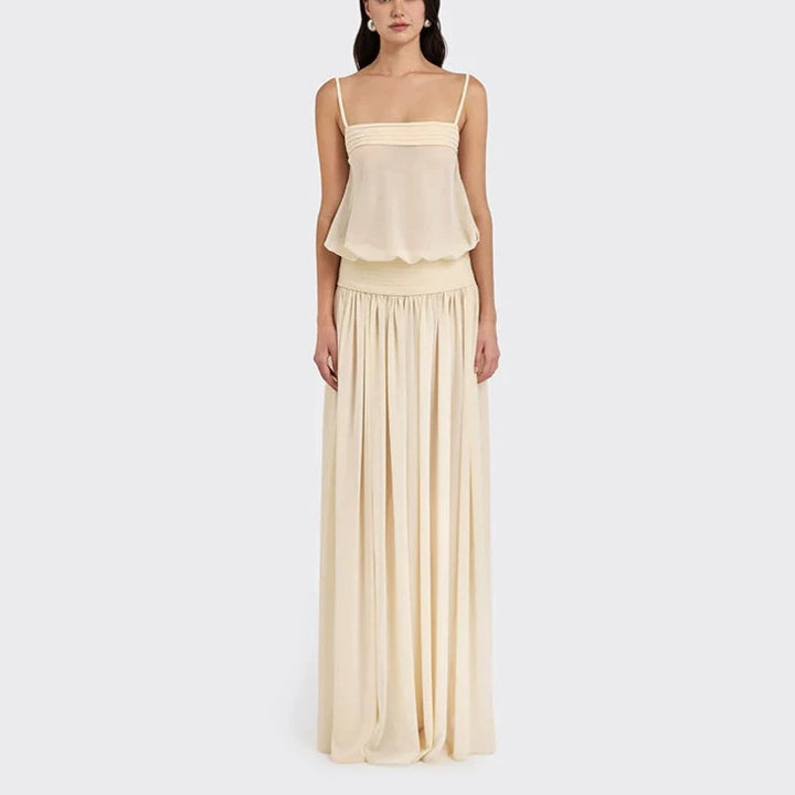 Damen Maxi-Kleid mit fließendem Chiffon-Oberteil und elastischem Bund Drune