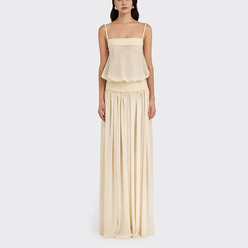 Damen Maxi-Kleid mit fließendem Chiffon-Oberteil und elastischem Bund Drune