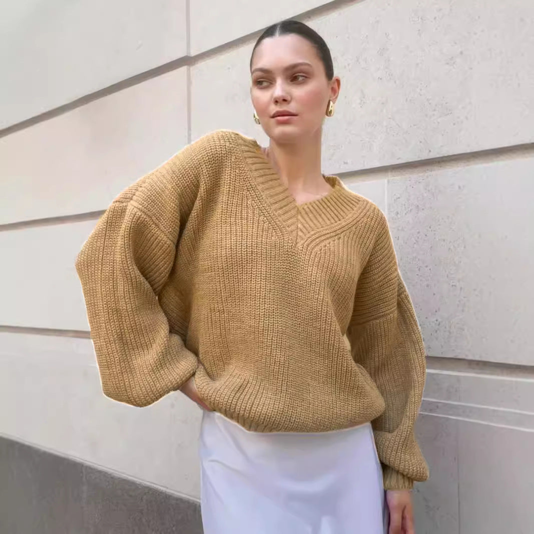 Damen V-Ausschnitt Strickpullover mit voluminösen Ärmeln und strukturierter Oberfläche Drune