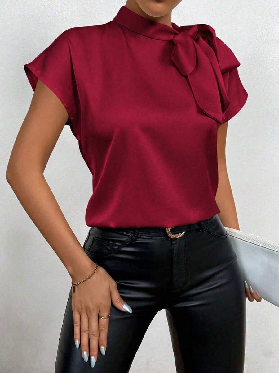 Drune | Satinbluse Kurzarm Hoher Kragen Mit Schleife Eleganter Entspannter Schnitt