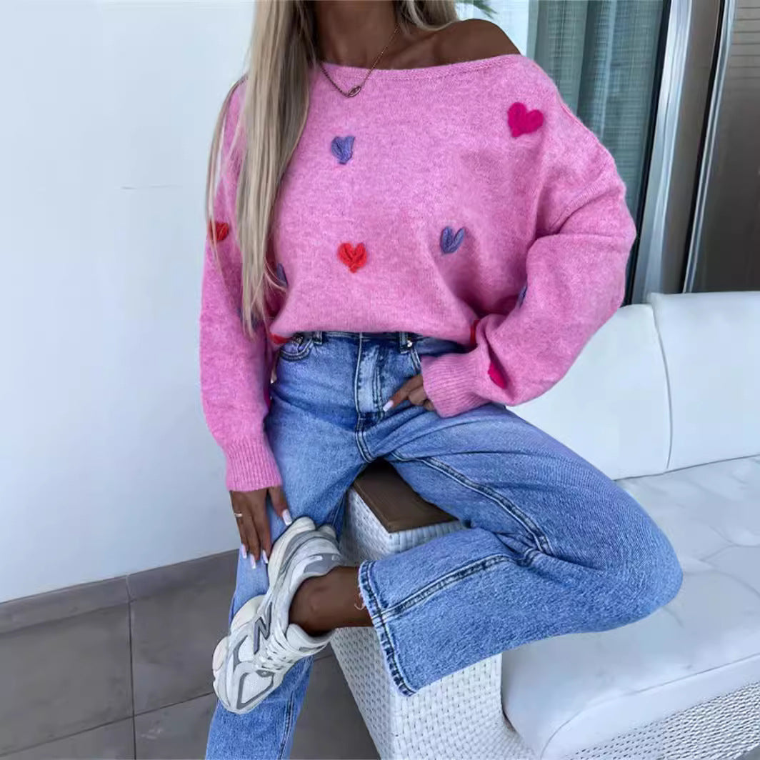 Damen lässiger Pullover mit bunten Herzmotiven Drune