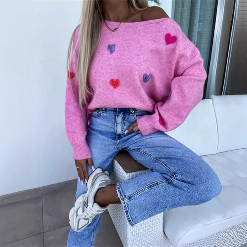 Damen lässiger Pullover mit bunten Herzmotiven Drune