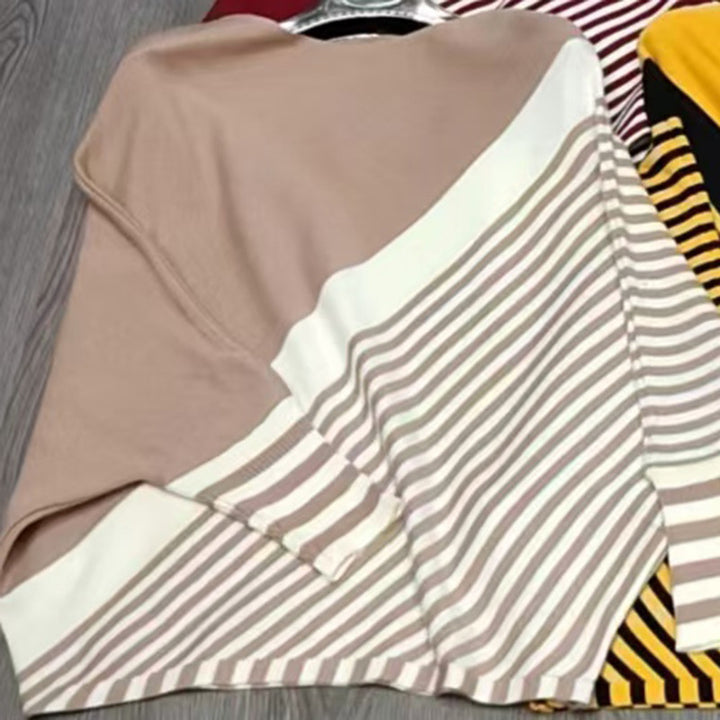 Damen modischer Strickpullover mit asymmetrischem Schnitt und grafischem Streifenmuster Drune