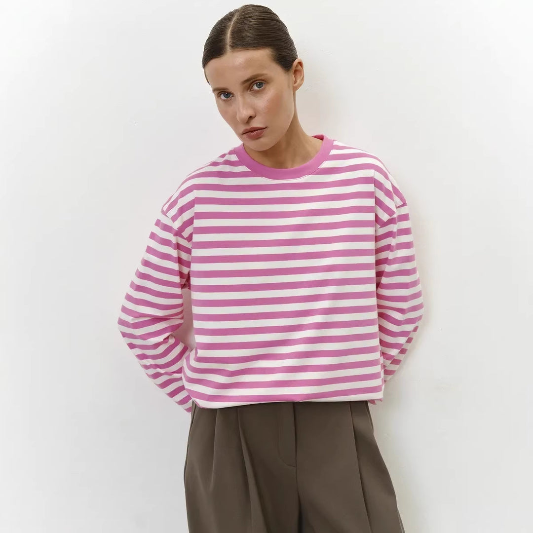 Damen bequemes Streifen-T-Shirt mit langen Ärmeln Drune