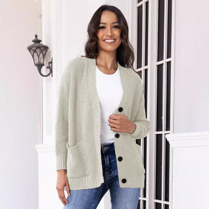 Damen Grobstrick-Cardigan mit großen Taschen und klassischem V-Ausschnitt Drune