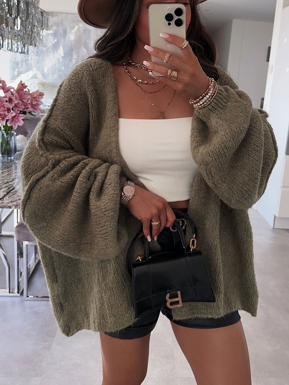 Damen kuschelige Strickjacke mit voluminösen Ärmeln Drune
