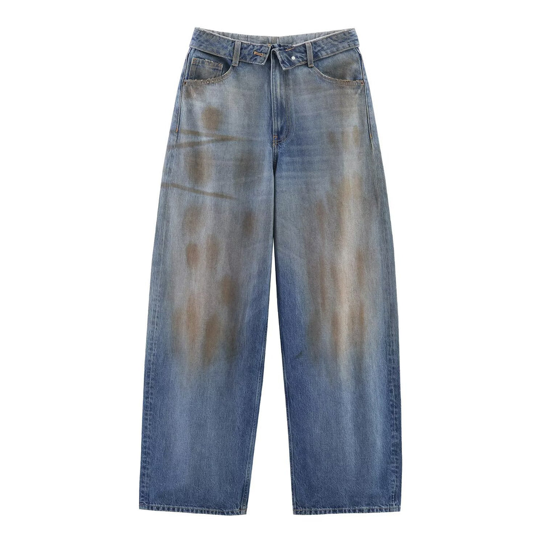 Damen nan weite hochgeschnittene Vintage-Jeans mit Destroyed-Effekten Drune