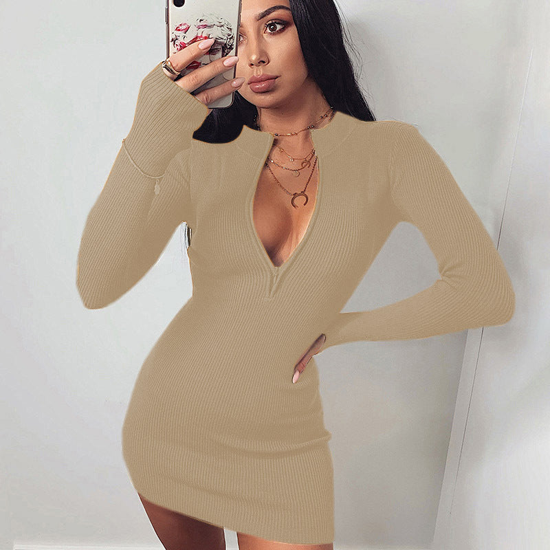 Damen Knit Kleid mit tiefem V-Ausschnitt und langen Ärmeln Drune