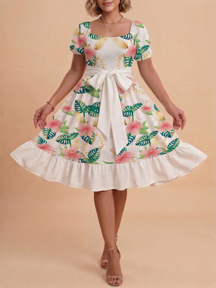Damen modernes Blumenkleid mit elegantem Taillengürtel und asymmetrischem Saum Drune