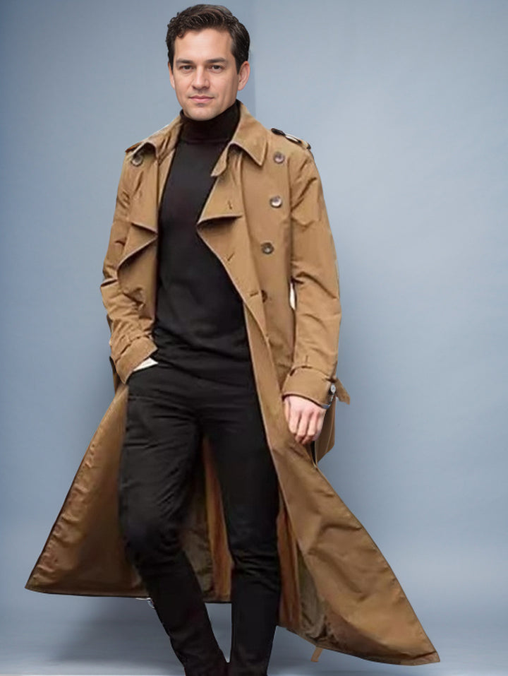 Herren langer Trenchcoat mit modernem Schnitt und praktischen Taschen Drune