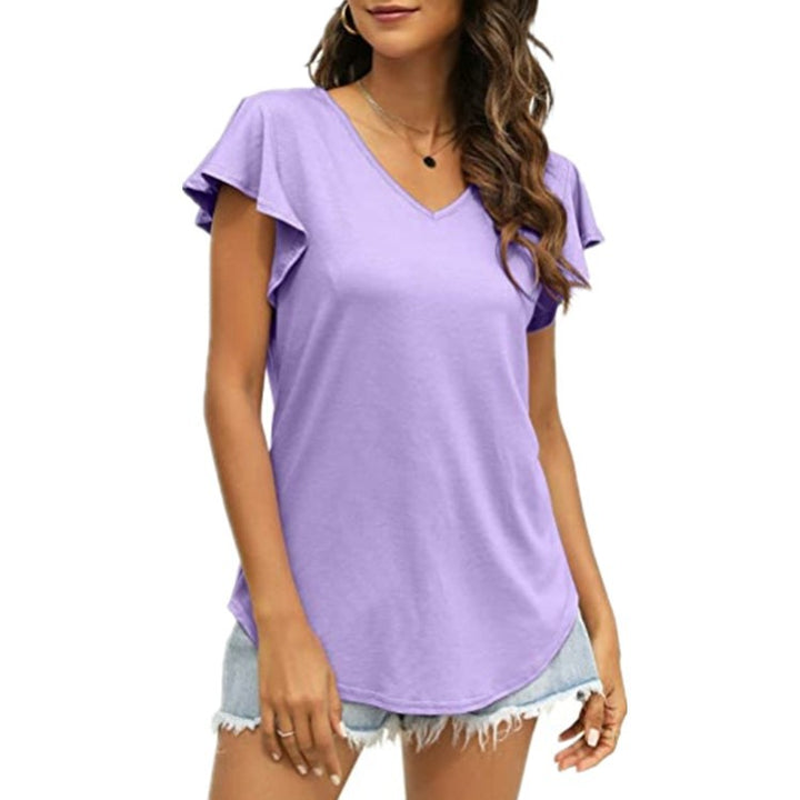 Damen V-Ausschnitt T-Shirt mit Rüschenärmeln und lässigem Schnitt Drune