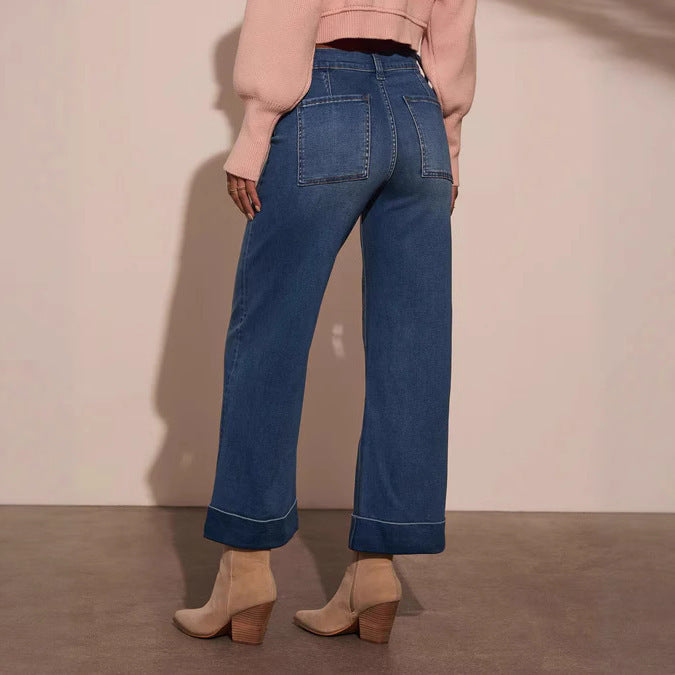 Damen weit geschnittene Denim-Hose mit hohem Bund Drune