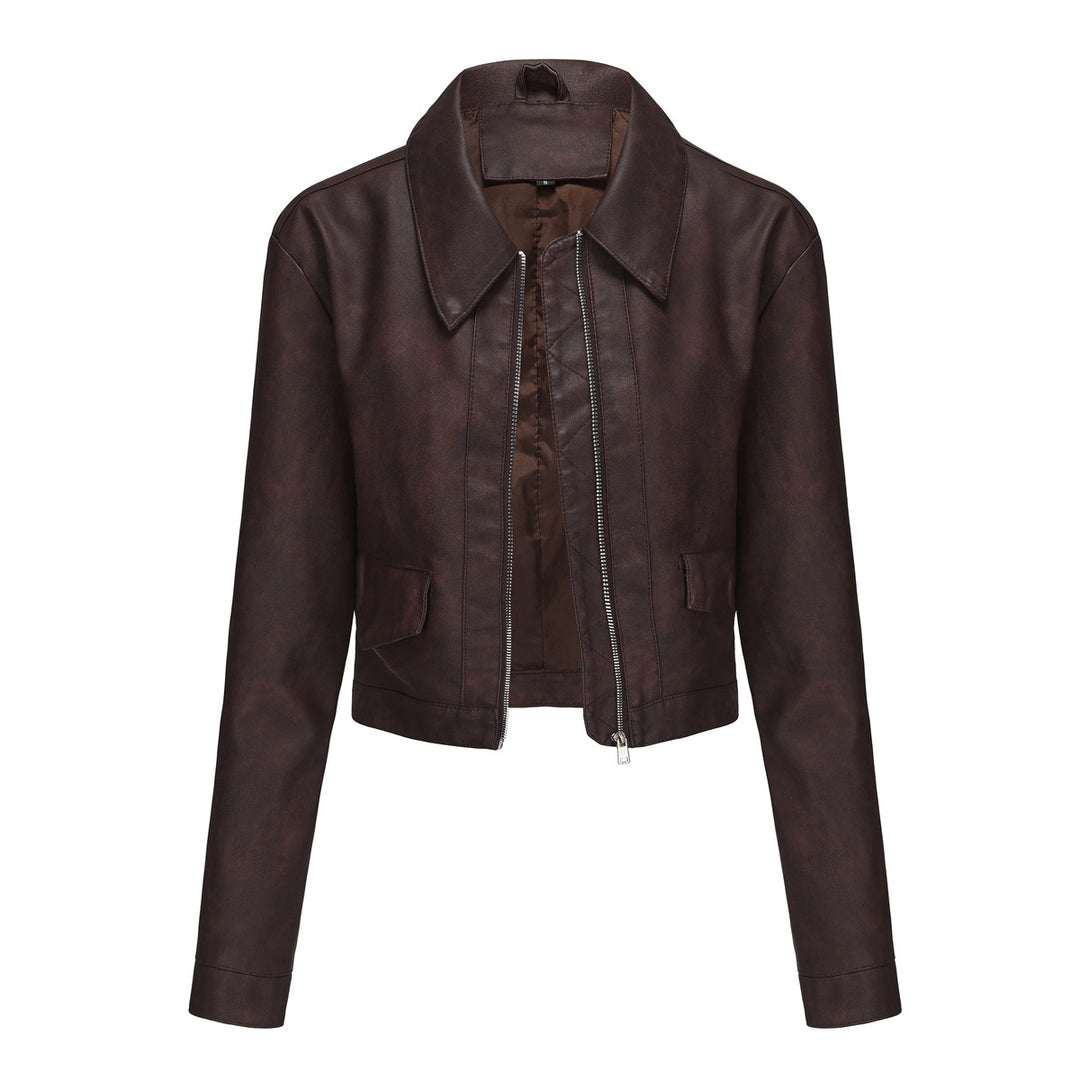 Damen modische cropped Kunstlederjacke mit klassischem Wellenkragen Drune