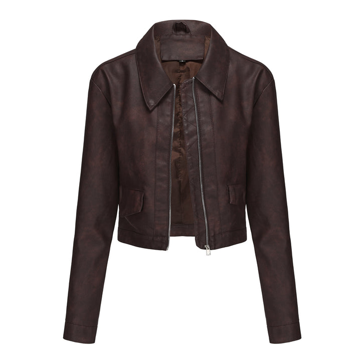 Damen modische cropped Kunstlederjacke mit klassischem Wellenkragen Drune