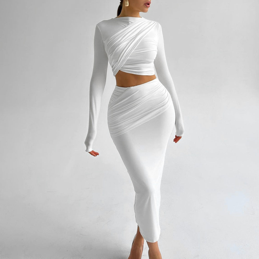 Damen Elegantes Wickeloberteil und Maxi-Rock Set mit langen Ärmeln und figurbetonter Silhouette Drune