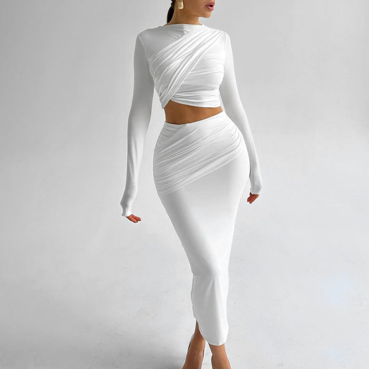 Damen Elegantes Wickeloberteil und Maxi-Rock Set mit langen Ärmeln und figurbetonter Silhouette Drune