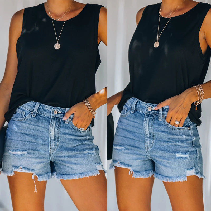 Damen Hochtaillierte Destroyed Jeansshorts Drune