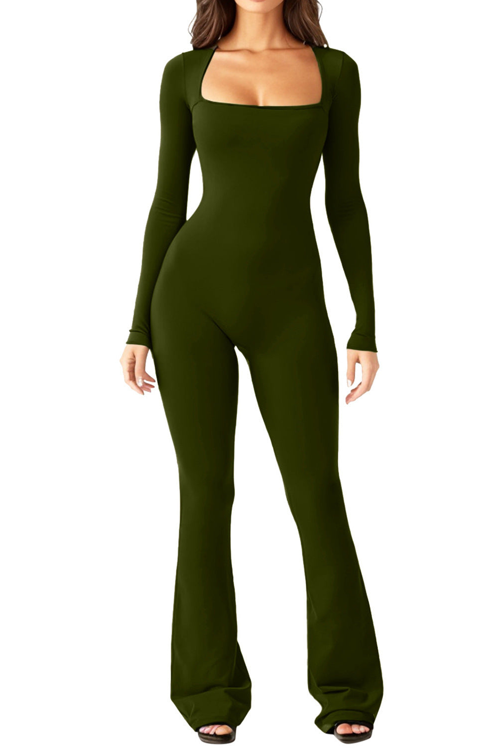 Damen nan figurbetonter Langarm-Jumpsuit mit quadratischem Ausschnitt und ausgestellter Schlaghose Drune