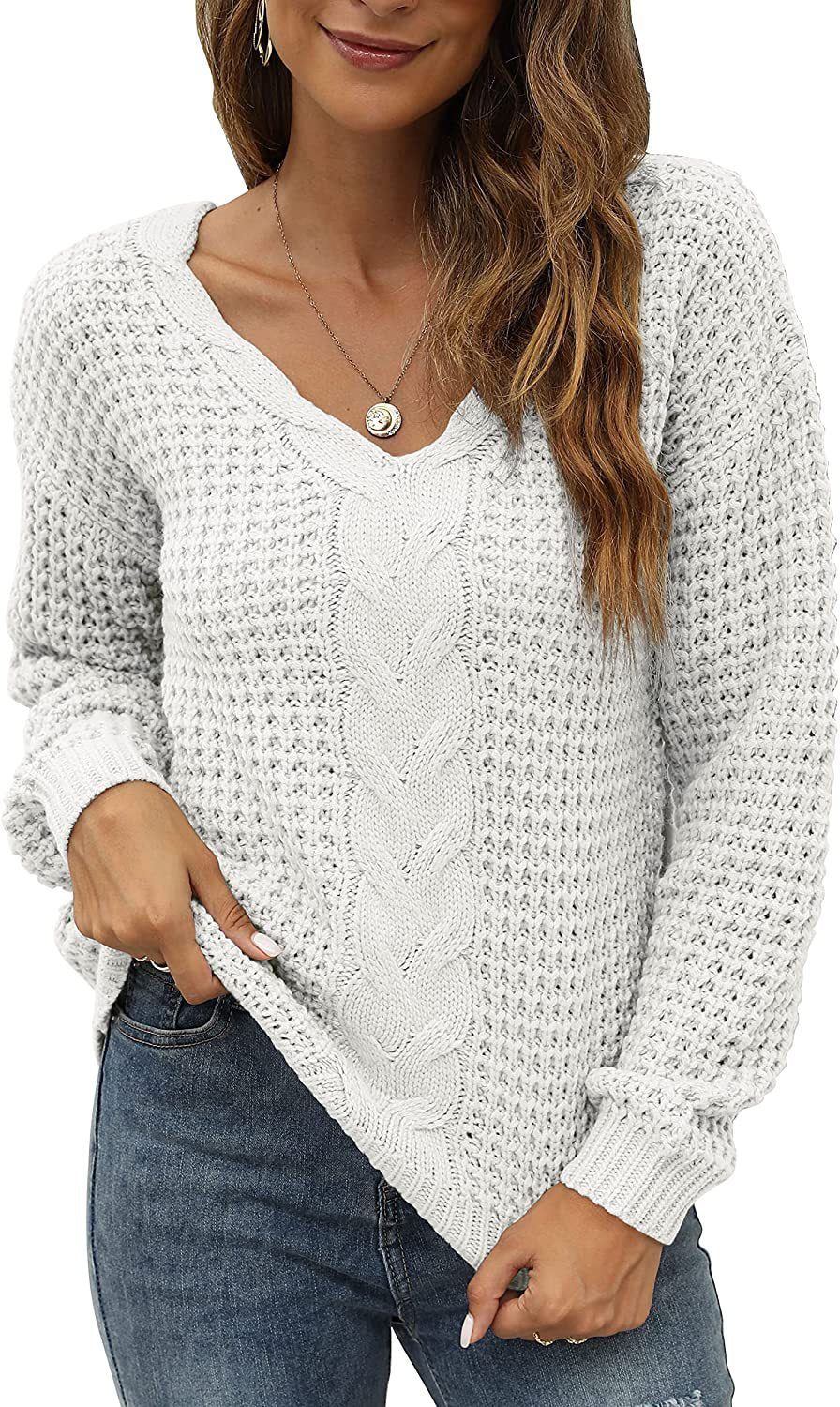Damen lässiger Strickpullover mit tiefem V-Ausschnitt und detailliertem Zopfmuster Drune