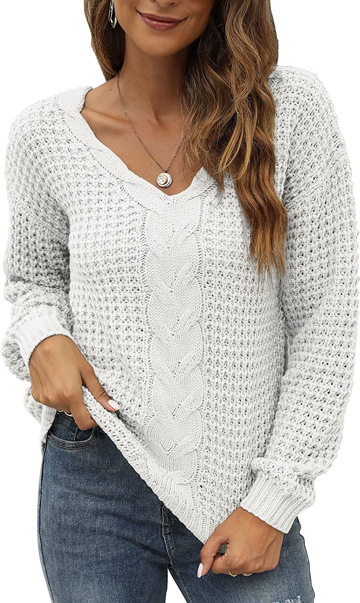Damen lässiger Strickpullover mit tiefem V-Ausschnitt und detailliertem Zopfmuster Drune