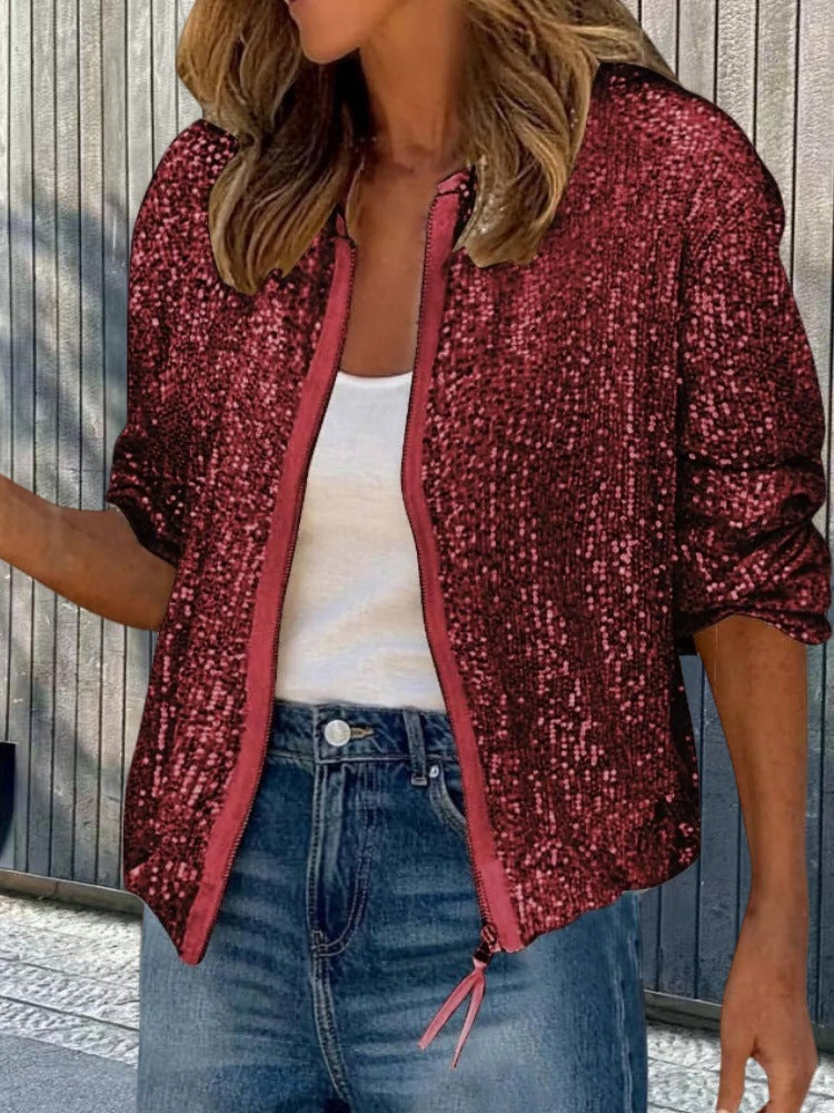 Damen modische Glitzerjacke im sportlichen Schnitt mit Reißverschluss und seitlichen Taschen Drune