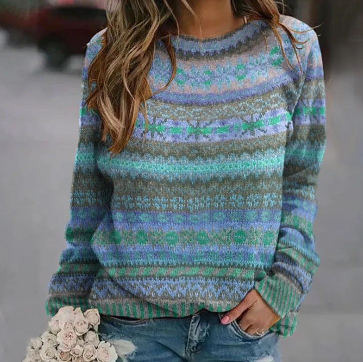 Damen Strickpullover mit buntem Norweger-Muster und Rundhalsausschnitt Drune