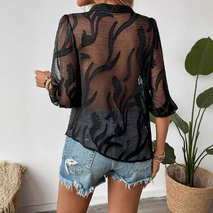 Damen elegante transparente Bluse mit Knopfdetails und 3/4-Ärmeln Drune